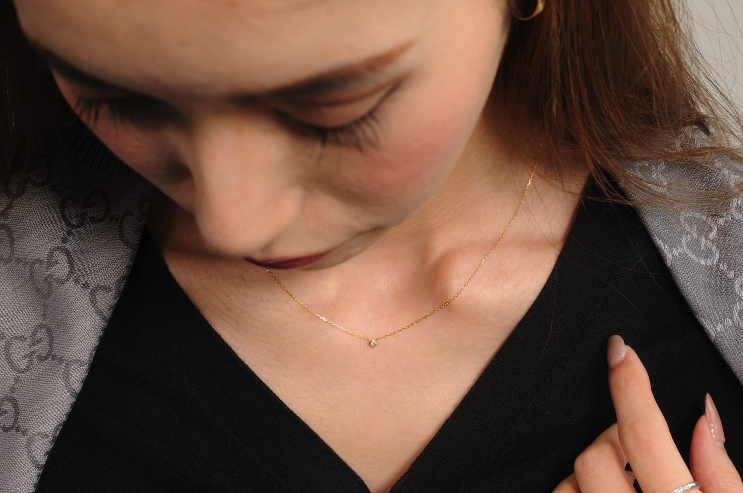 トゥー プライ 141 プリンセスカット 一粒ダイヤモンド 華奢ネックレス 18金,two ply Prinnces Cut Diamond Necklace K18