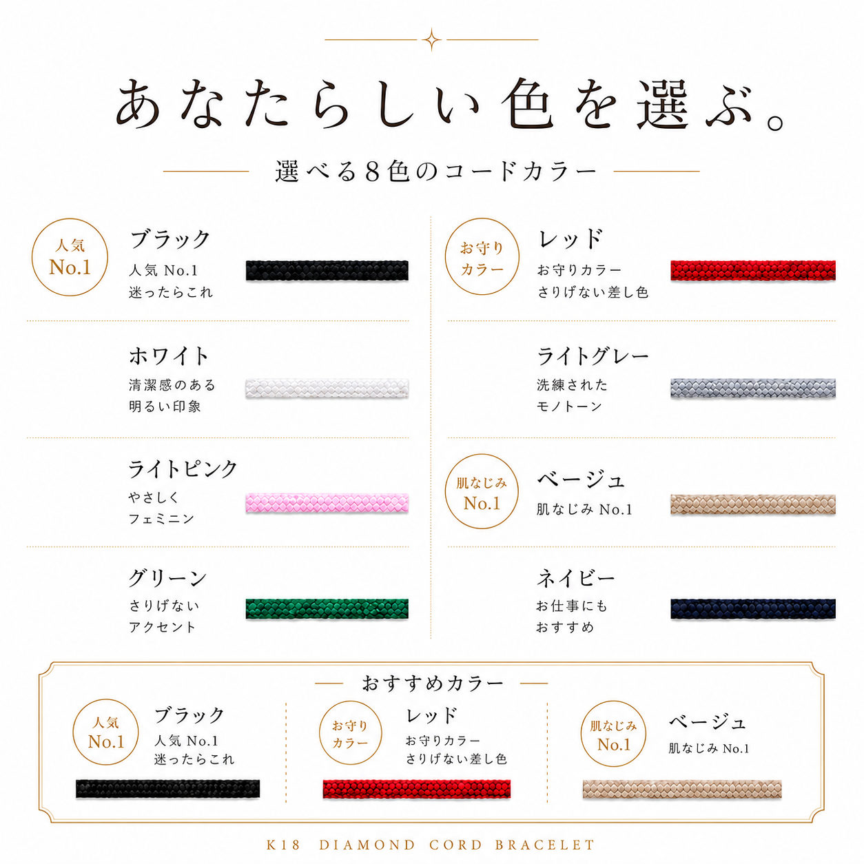 【選べる8色】一粒ダイヤモンド コードブレスレット K18 18金 華奢 ブレスレット レデッサンドゥデュー les desseins de DIEU